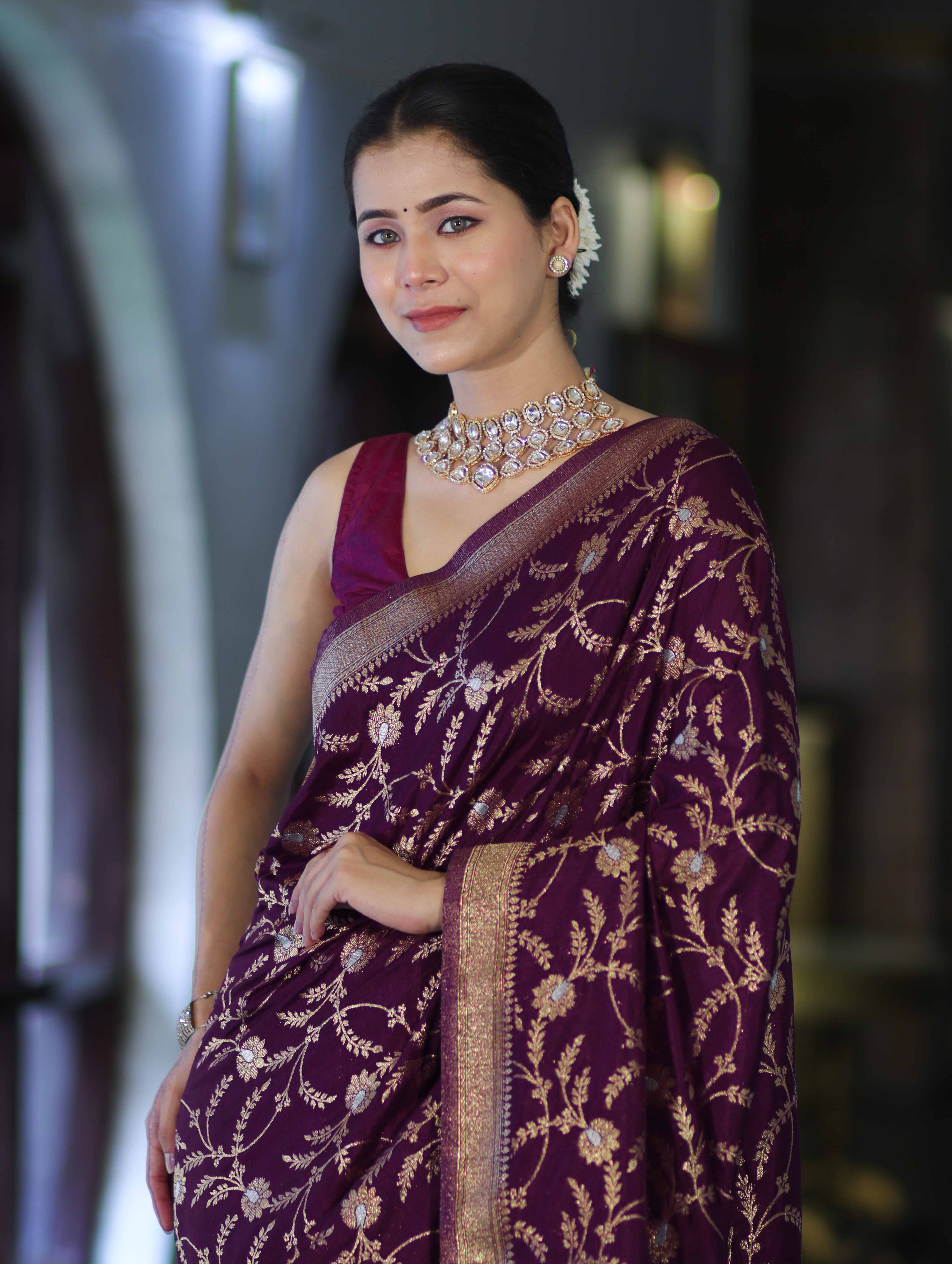 Banarasee Handloom Semi Silk Saree With Sona Rupa Zari Work & Border-Wine
