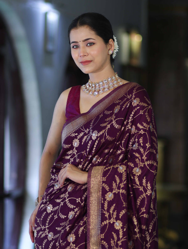 Banarasee Handloom Semi Silk Saree With Sona Rupa Zari Work & Border-Wine