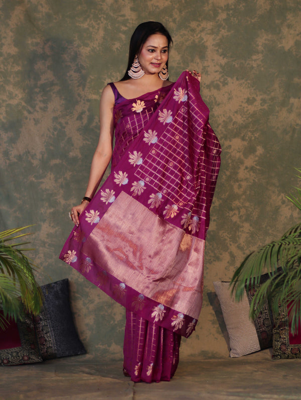 Banarasee Handloom Georgette Saree With Sona Rupa Zari Work & Checks Design-Violet
