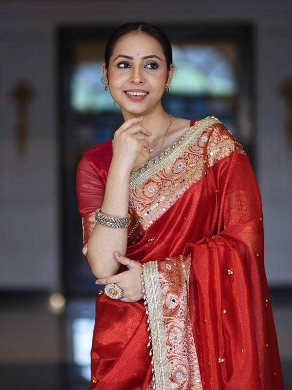 Banarasee Tissue Saree With Hand Embroidered Mirror Work Ghungroo Work & Zari Woven Pallu-Red