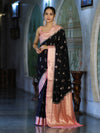 Banarasee Handloom Semi Silk With Zari Buta Work & Contrast Border-Black & Light Pink