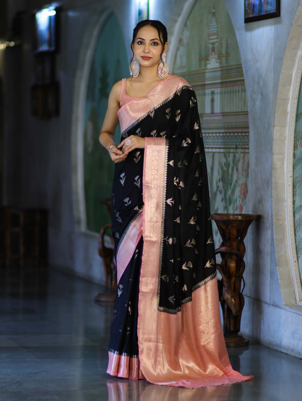Banarasee Handloom Semi Silk With Zari Buta Work & Contrast Border-Black & Light Pink