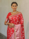 Banarasee Handwoven Semi Silk Saree With Silver Zari Jaal Design & Lace-Red