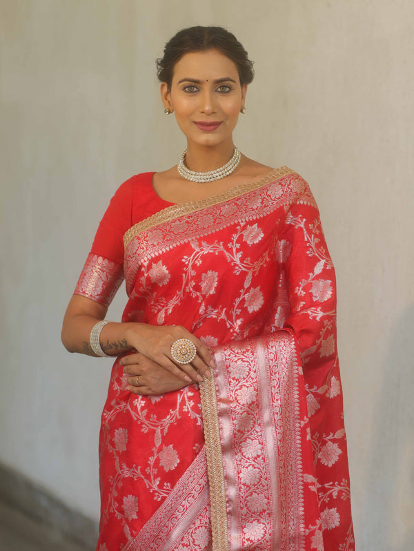 Banarasee Handwoven Semi Silk Saree With Silver Zari Jaal Design & Lace-Red
