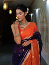 Banarasee Cotton Silk Kota Checks Saree With Buti Design & Contrast Border-Navy Blue & Orange