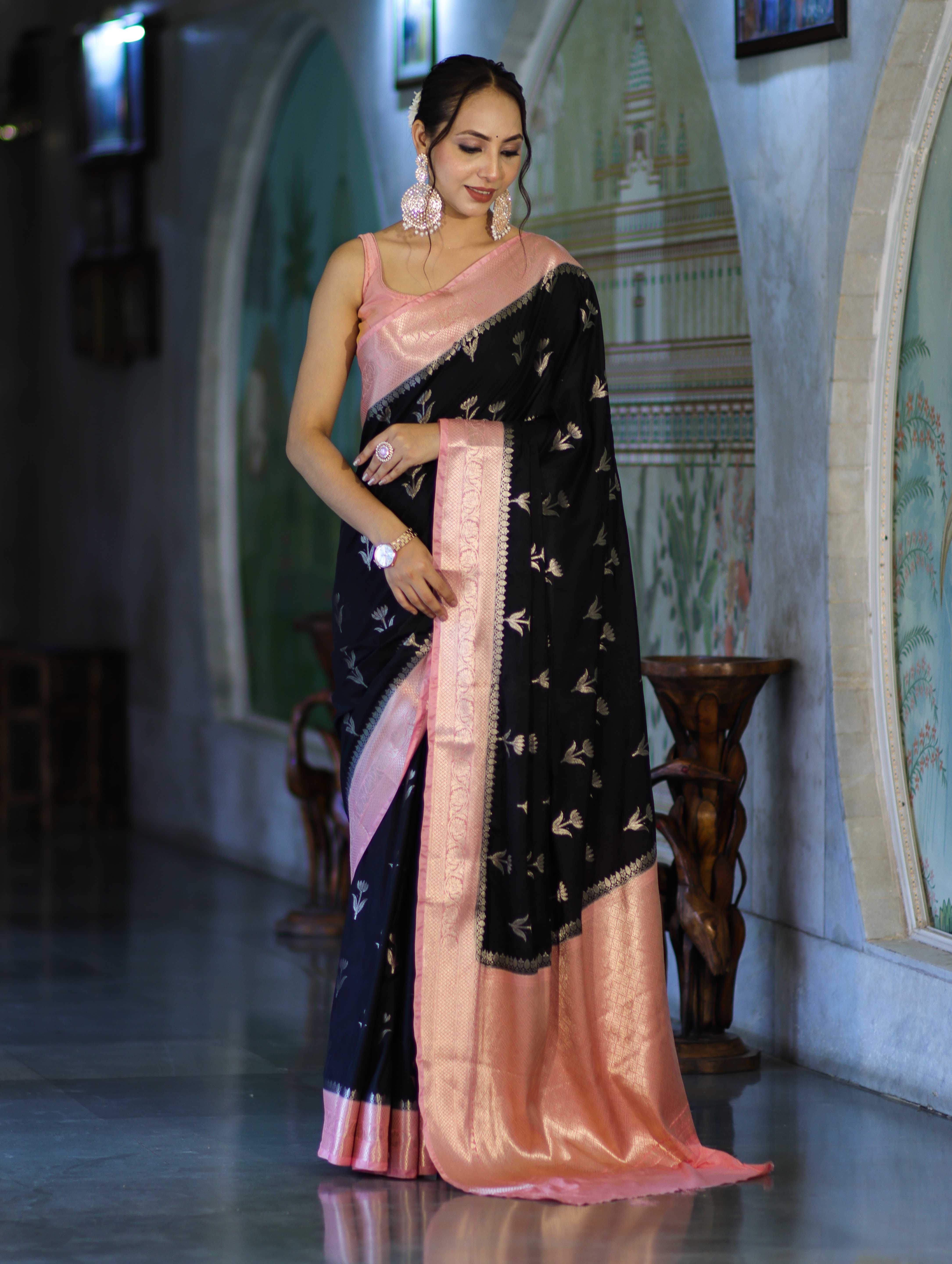 Banarasee Handloom Semi Silk With Zari Buta Work & Contrast Border-Black & Light Pink