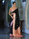 Banarasee Handloom Semi Silk With Zari Buta Work & Contrast Border-Black & Light Pink