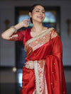 Banarasee Tissue Saree With Hand Embroidered Mirror Work Ghungroo Work & Zari Woven Pallu-Red