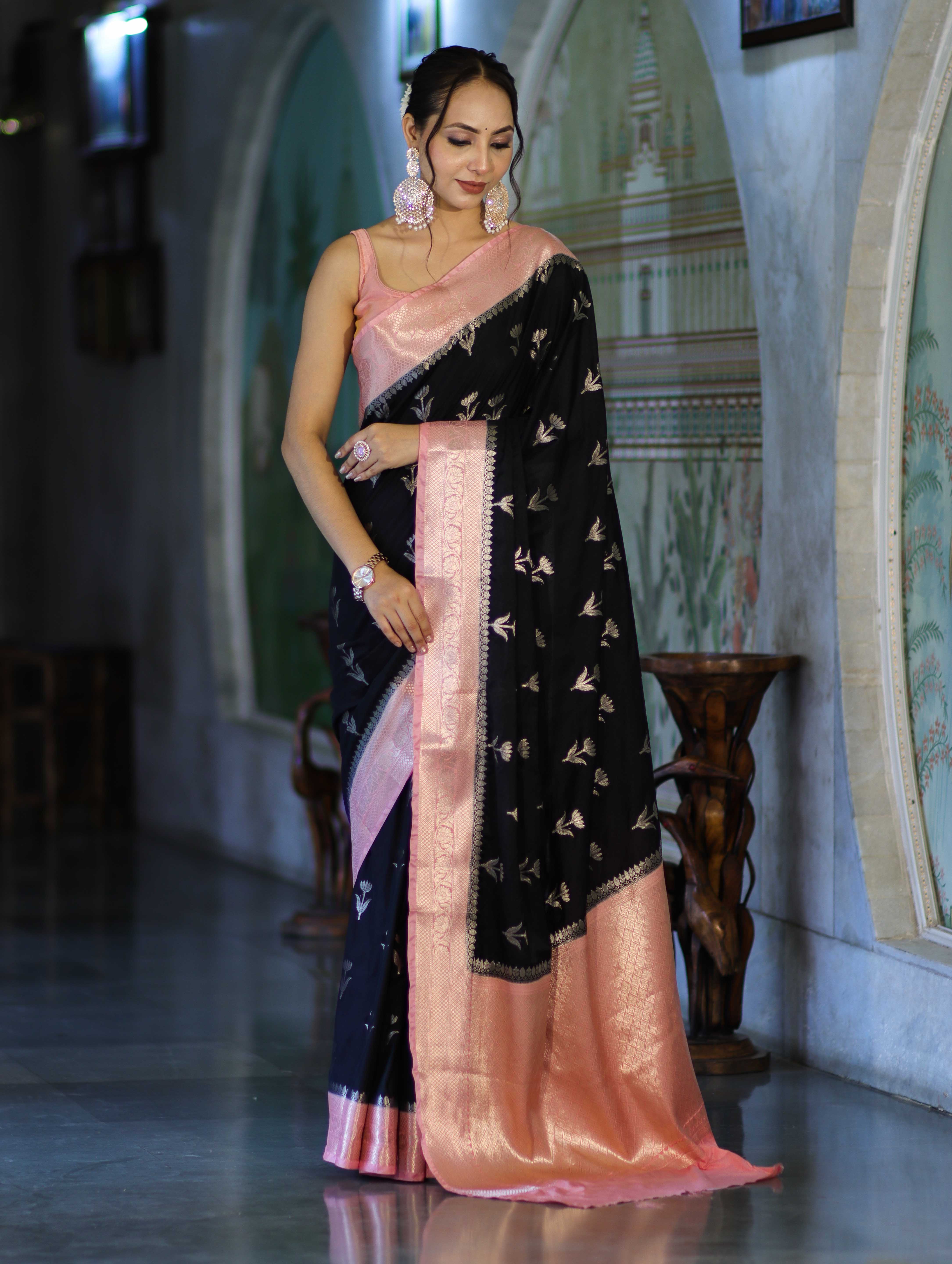 Banarasee Handloom Semi Silk With Zari Buta Work & Contrast Border-Black & Light Pink