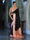 Banarasee Handloom Semi Silk With Zari Buta Work & Contrast Border-Black & Light Pink