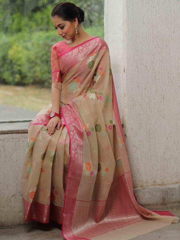 Banarasee Kota Checks Saree With Floral Buta & Border Design-Beige & Pink