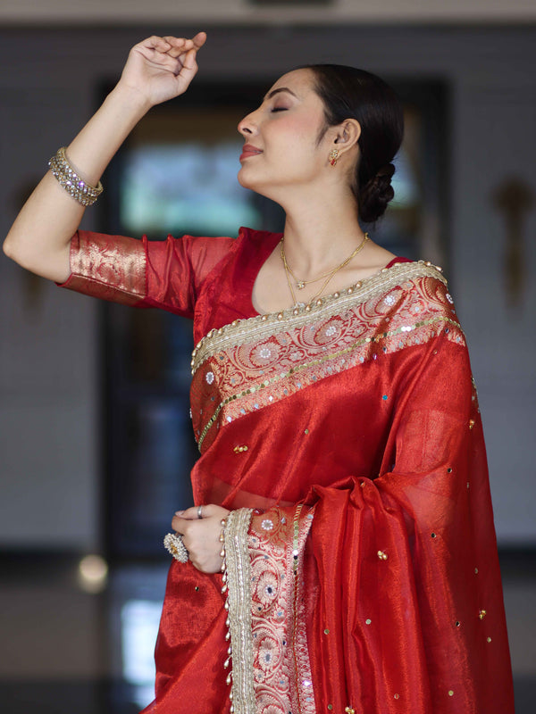 Banarasee Tissue Saree With Hand Embroidered Mirror Work Ghungroo Work & Zari Woven Pallu-Red