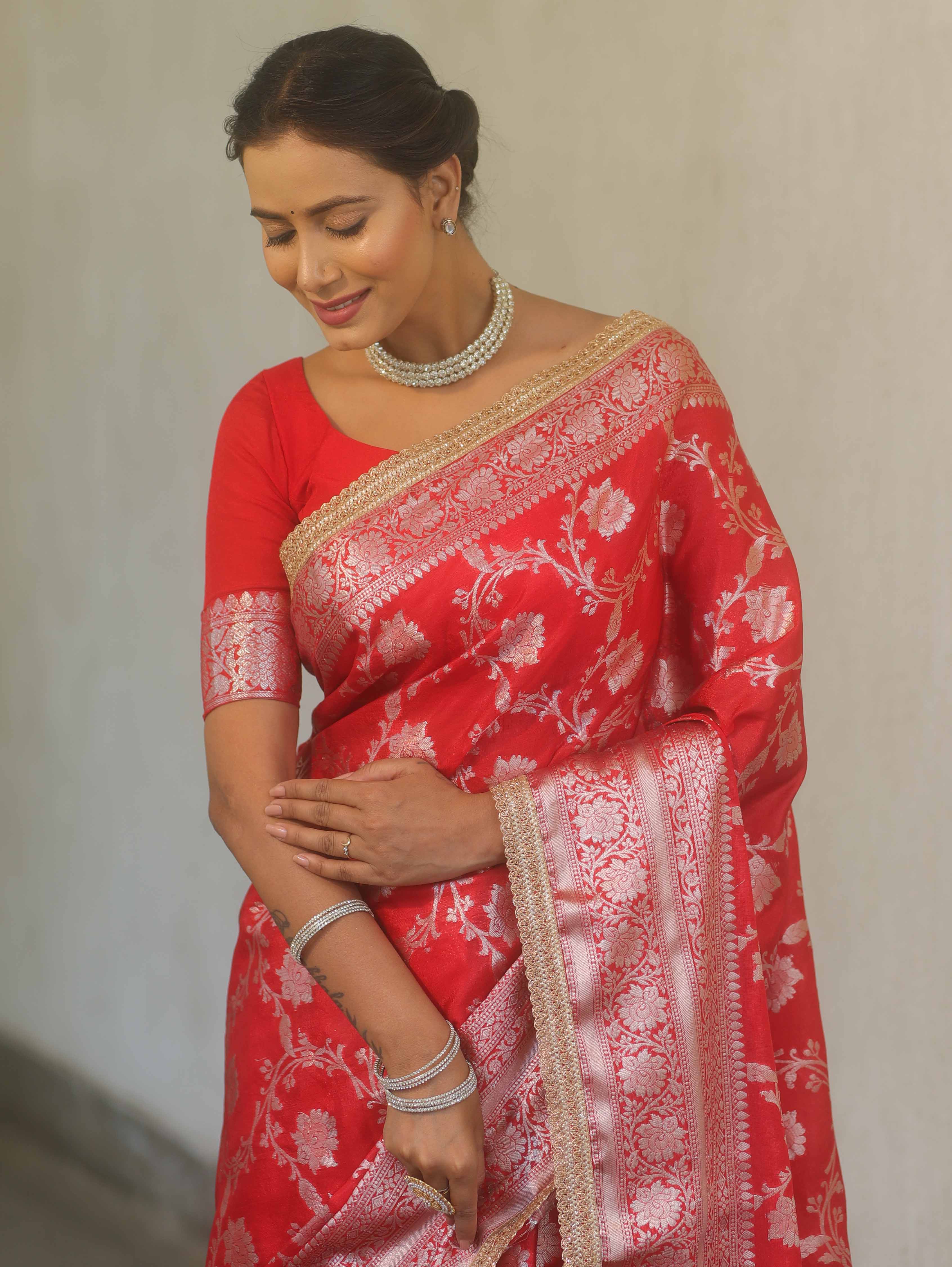 Banarasee Handwoven Semi Silk Saree With Silver Zari Jaal Design & Lace-Red