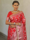Banarasee Handwoven Semi Silk Saree With Silver Zari Jaal Design & Lace-Red