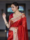 Banarasee Tissue Saree With Hand Embroidered Mirror Work Ghungroo Work & Zari Woven Pallu-Red