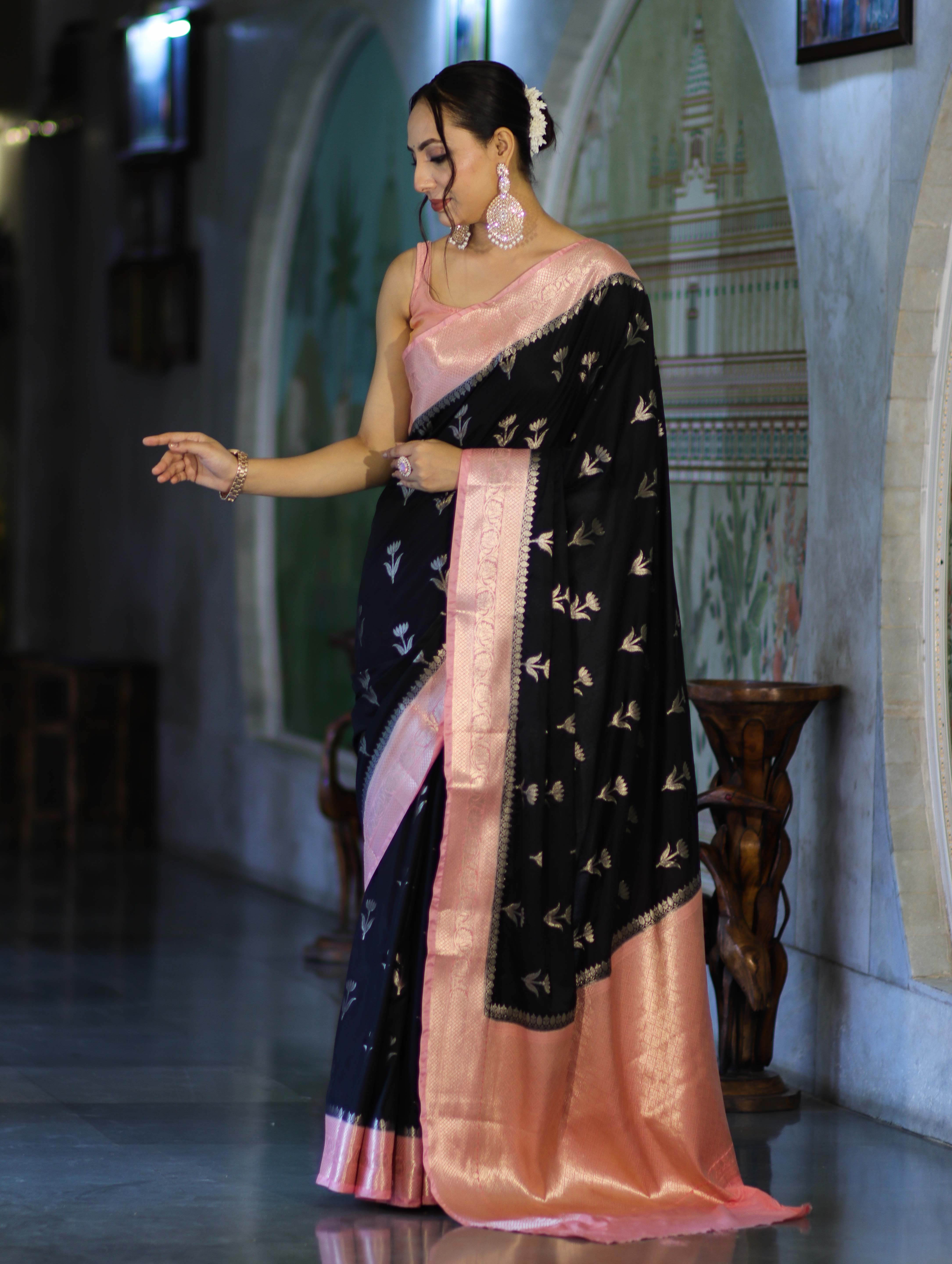 Banarasee Handloom Semi Silk With Zari Buta Work & Contrast Border-Black & Light Pink