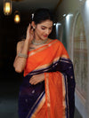 Banarasee Cotton Silk Kota Checks Saree With Buti Design & Contrast Border-Navy Blue & Orange