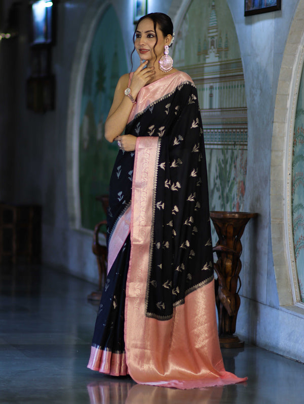 Banarasee Handloom Semi Silk With Zari Buta Work & Contrast Border-Black & Light Pink