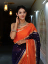 Banarasee Cotton Silk Kota Checks Saree With Buti Design & Contrast Border-Navy Blue & Orange