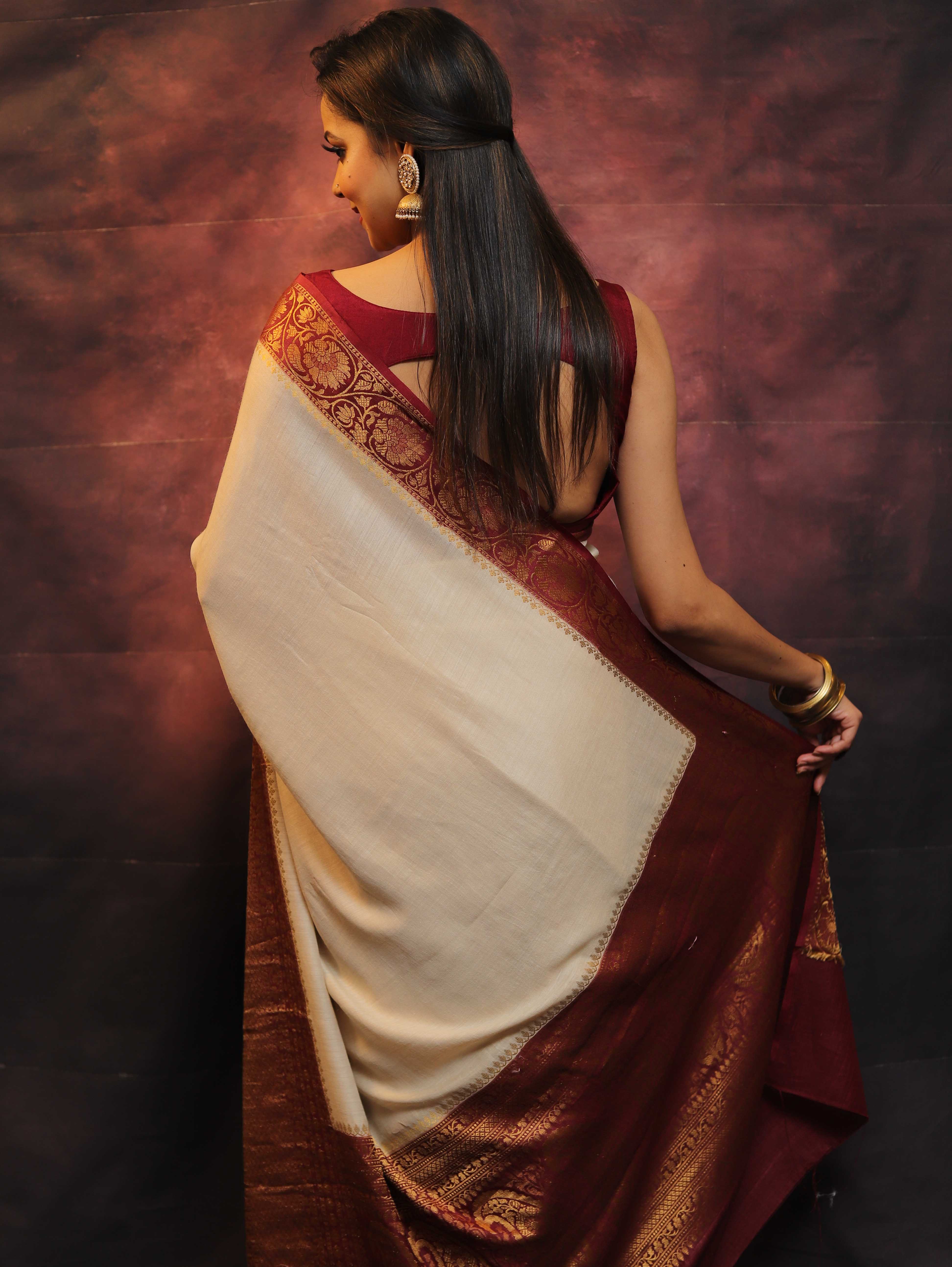 Banarasee Handwoven Pure Muga Silk Saree With Floral Border & Pallu-White & Maroon