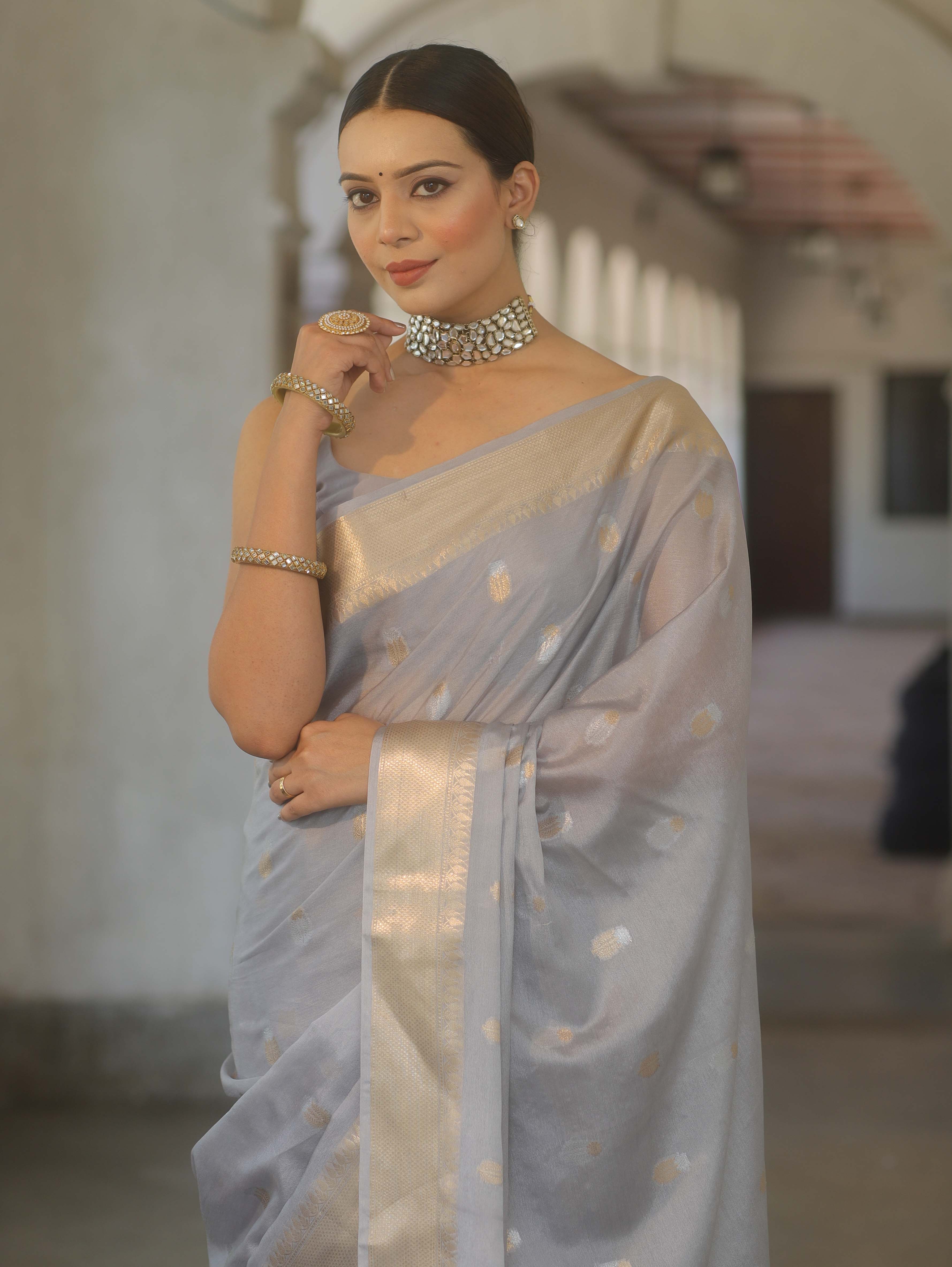 Banarasee Handwoven Semi Silk Saree With Zari Border-Grey
