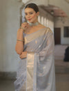 Banarasee Handwoven Semi Silk Saree With Zari Border-Grey