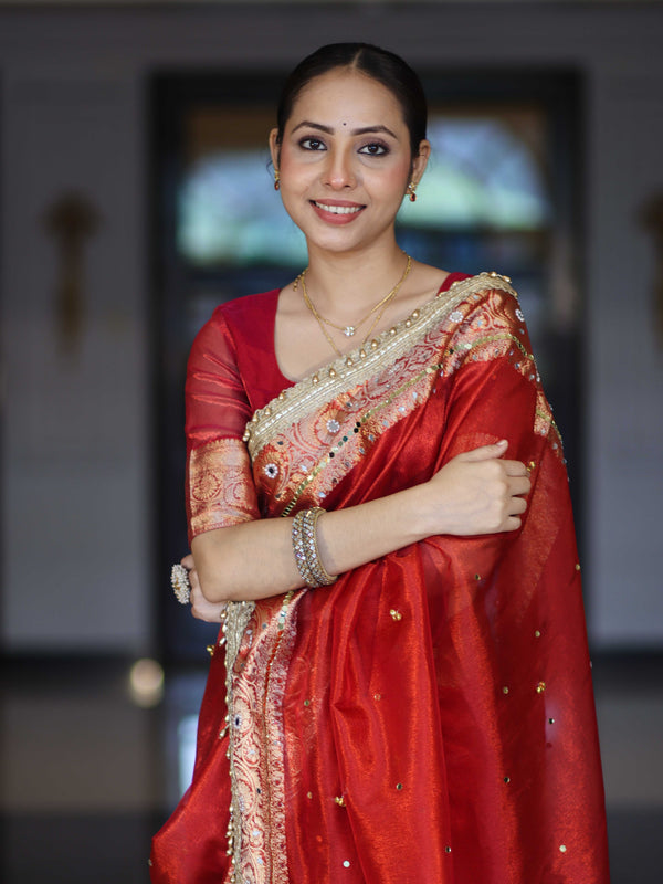 Banarasee Tissue Saree With Hand Embroidered Mirror Work Ghungroo Work & Zari Woven Pallu-Red
