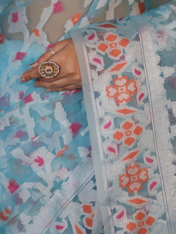 Banarasee Organza Mix Saree With Resham Jaal Design-Sky Blue
