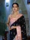 Banarasee Handloom Semi Silk With Zari Buta Work & Contrast Border-Black & Light Pink