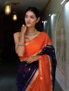 Banarasee Cotton Silk Kota Checks Saree With Buti Design & Contrast Border-Navy Blue & Orange