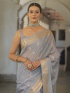 Banarasee Handwoven Semi Silk Saree With Zari Border-Grey
