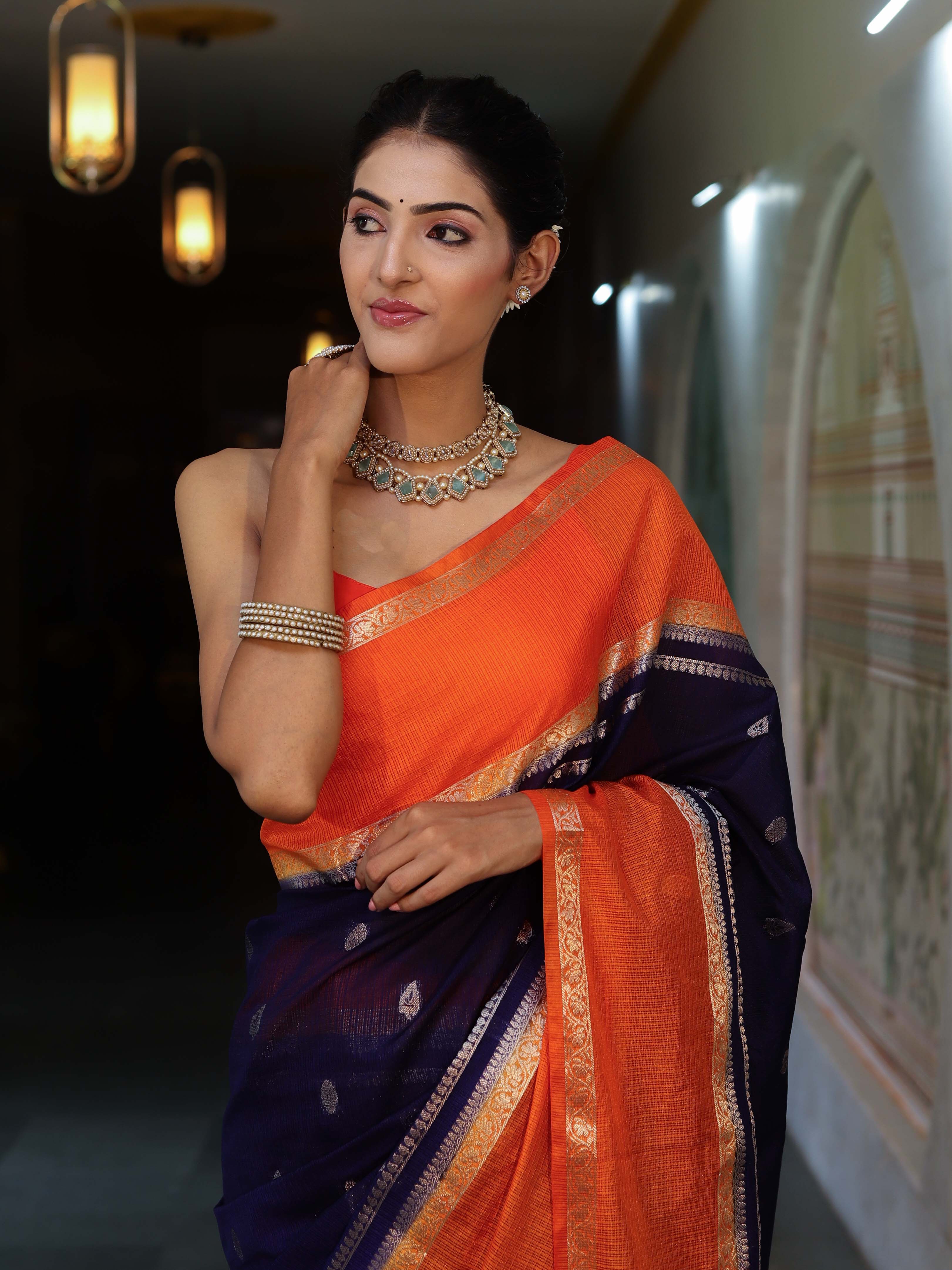 Banarasee Cotton Silk Kota Checks Saree With Buti Design & Contrast Border-Navy Blue & Orange