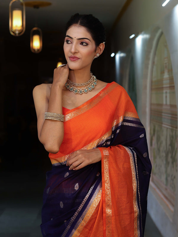 Banarasee Cotton Silk Kota Checks Saree With Buti Design & Contrast Border-Navy Blue & Orange