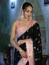 Banarasee Handloom Semi Silk With Zari Buta Work & Contrast Border-Black & Light Pink
