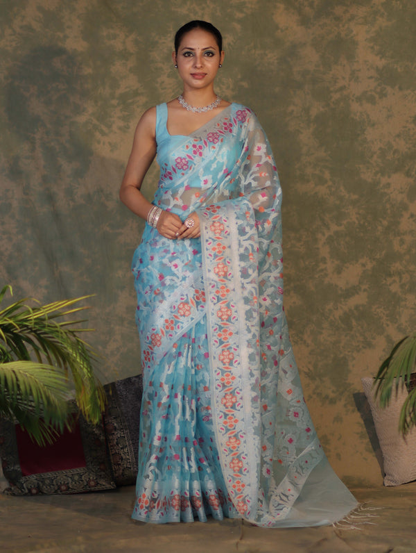 Banarasee Organza Mix Saree With Resham Jaal Design-Sky Blue