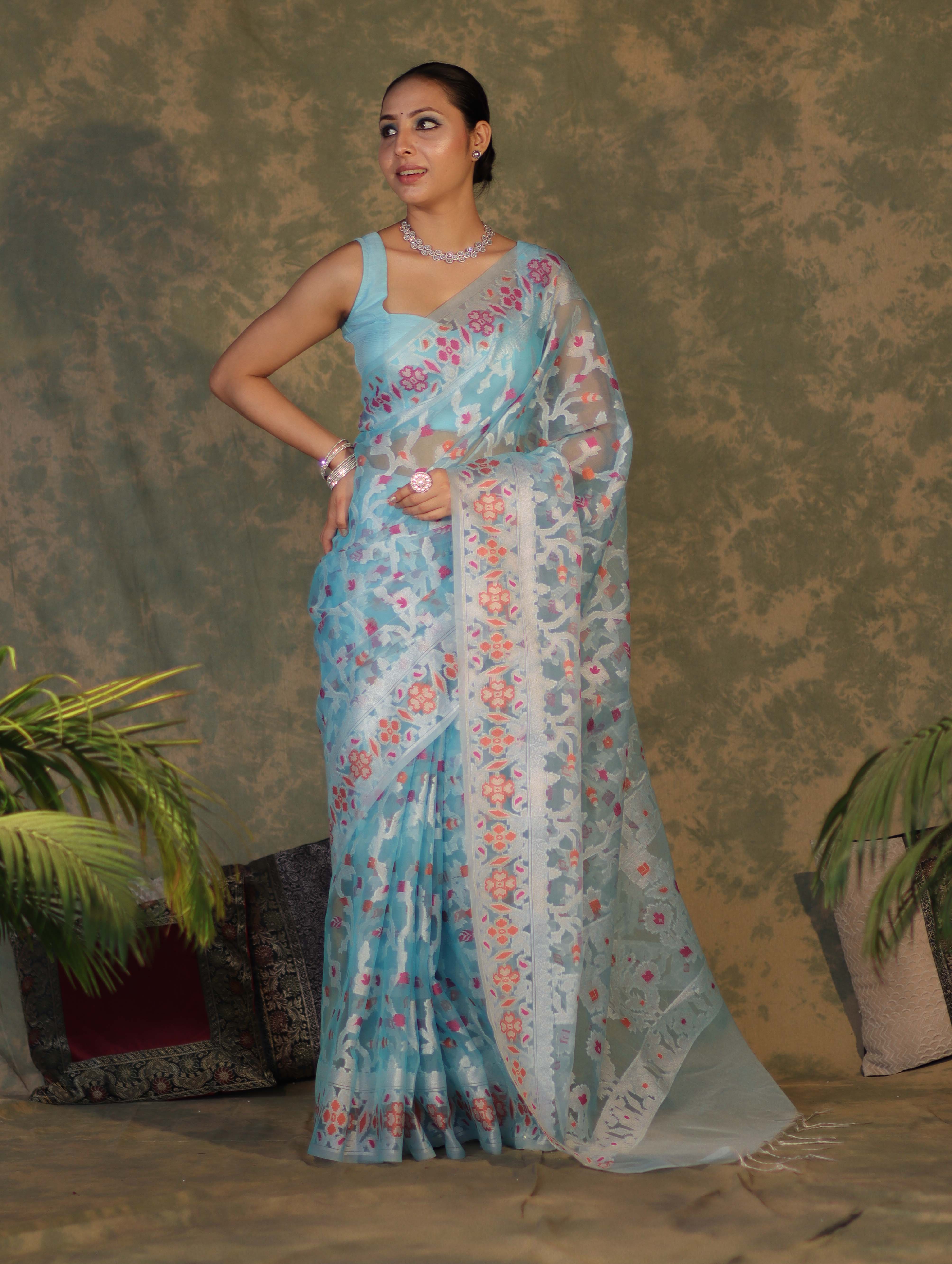 Banarasee Organza Mix Saree With Resham Jaal Design-Sky Blue