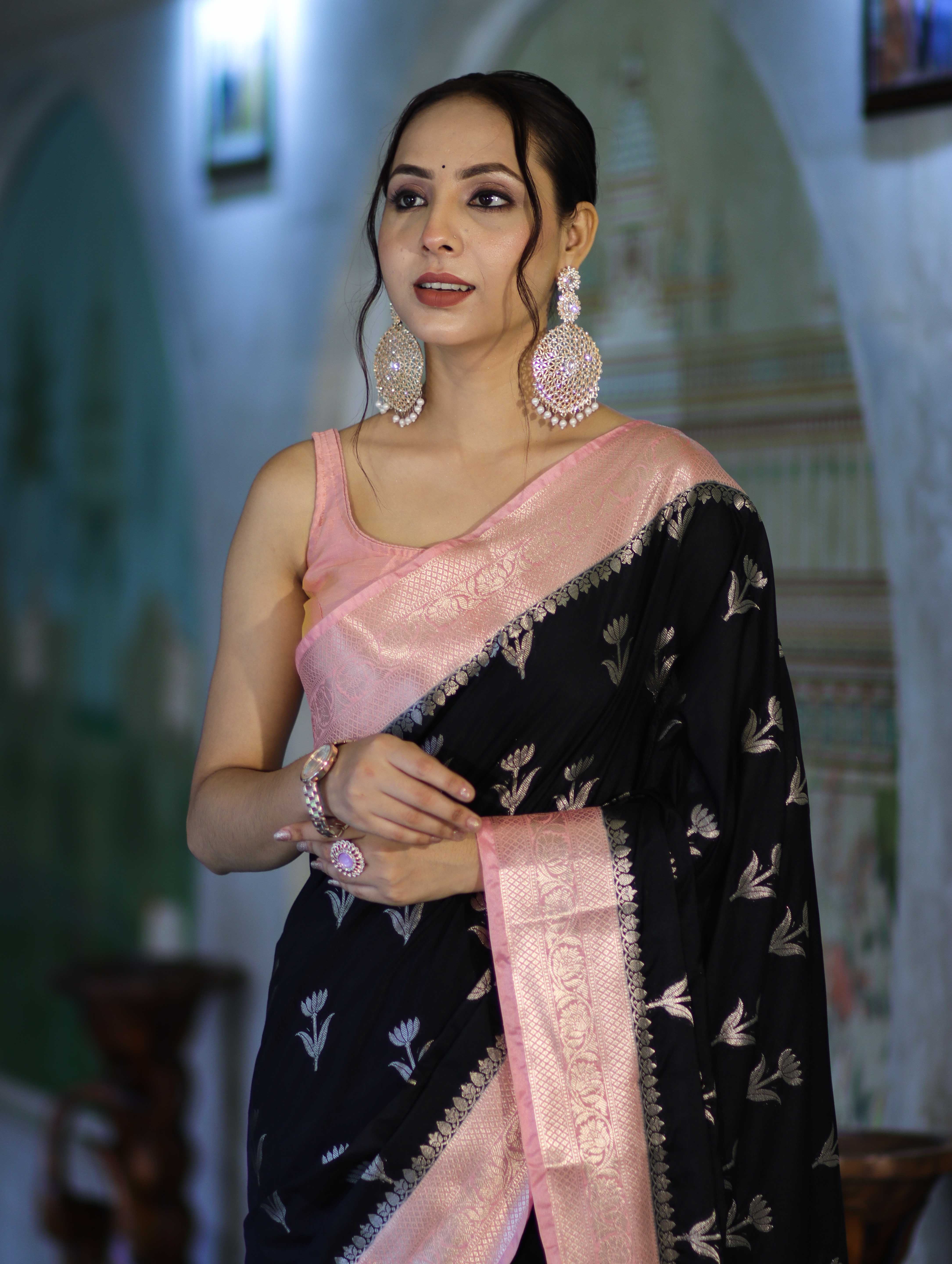 Banarasee Handloom Semi Silk With Zari Buta Work & Contrast Border-Black & Light Pink
