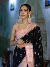 Banarasee Handloom Semi Silk With Zari Buta Work & Contrast Border-Black & Light Pink