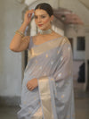 Banarasee Handwoven Semi Silk Saree With Zari Border-Grey