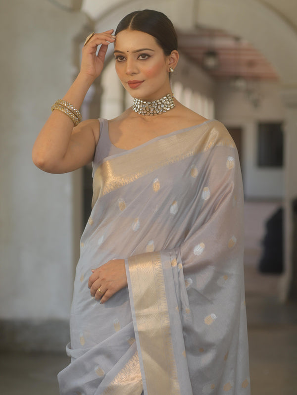 Banarasee Handwoven Semi Silk Saree With Zari Border-Grey