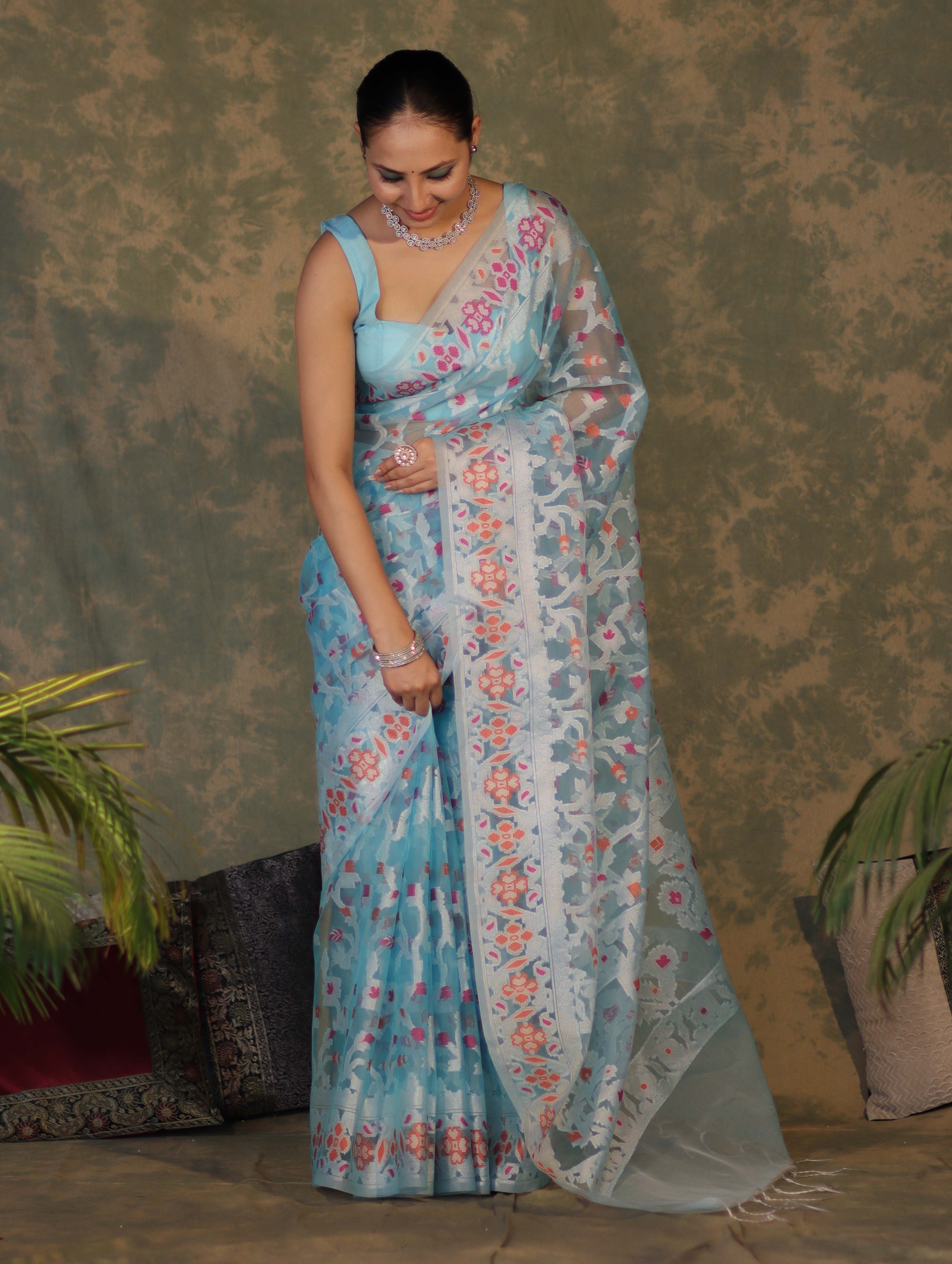 Banarasee Organza Mix Saree With Resham Jaal Design-Sky Blue