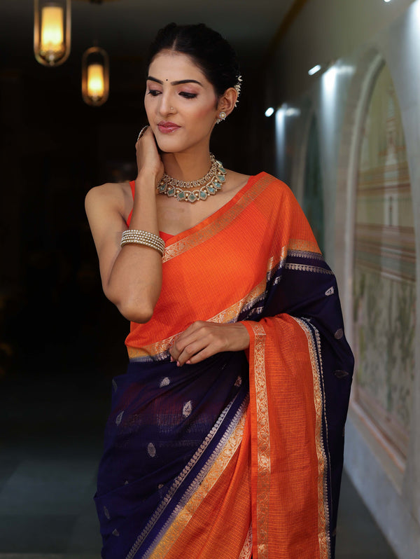 Banarasee Cotton Silk Kota Checks Saree With Buti Design & Contrast Border-Navy Blue & Orange