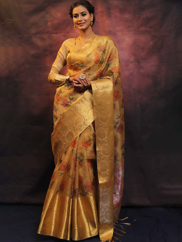 Banarasee Handwoven Broad Border Tissue Saree With Printed Floral Design-Gold