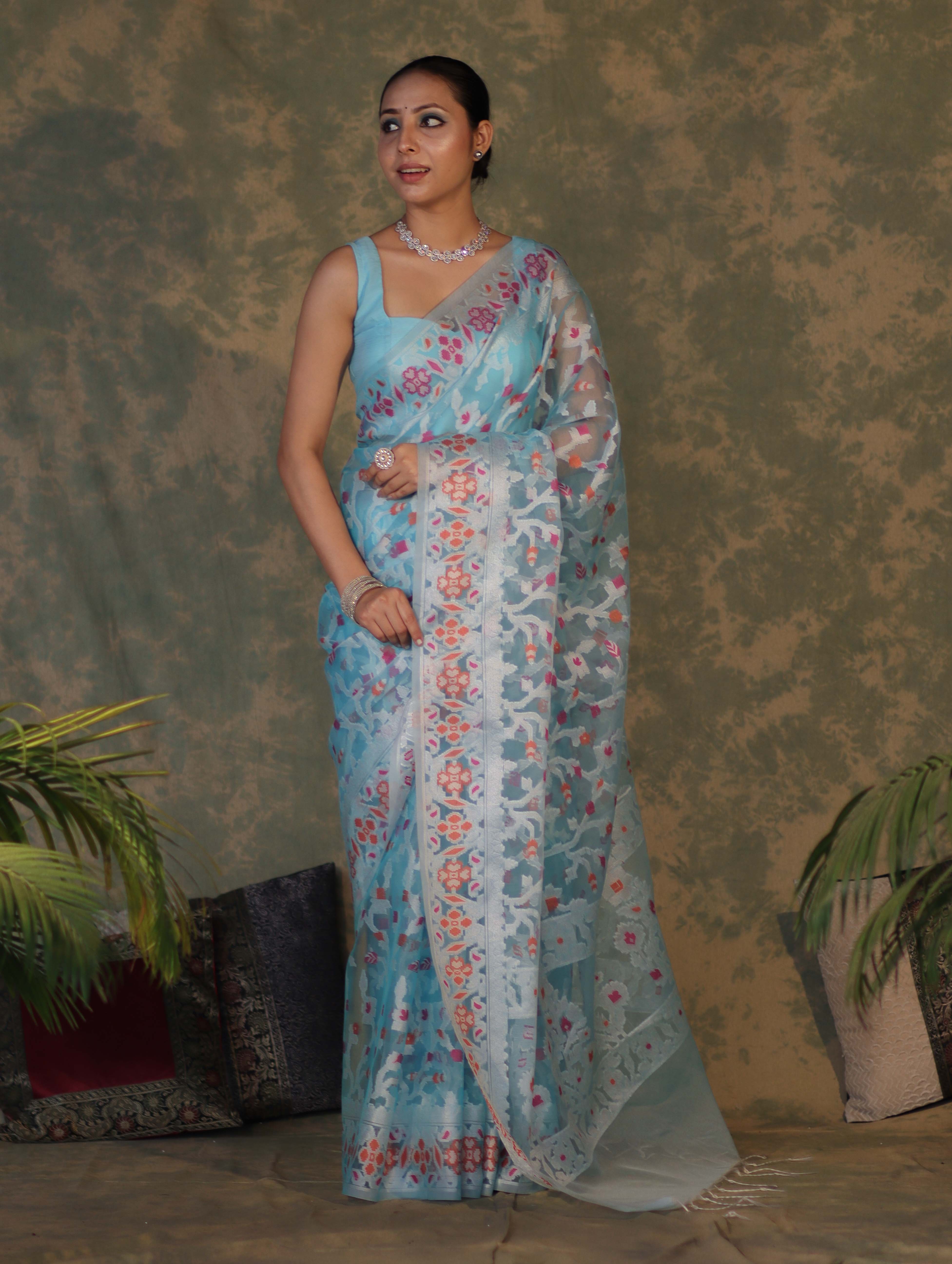 Banarasee Organza Mix Saree With Resham Jaal Design-Sky Blue