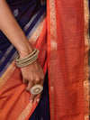Banarasee Cotton Silk Kota Checks Saree With Buti Design & Contrast Border-Navy Blue & Orange
