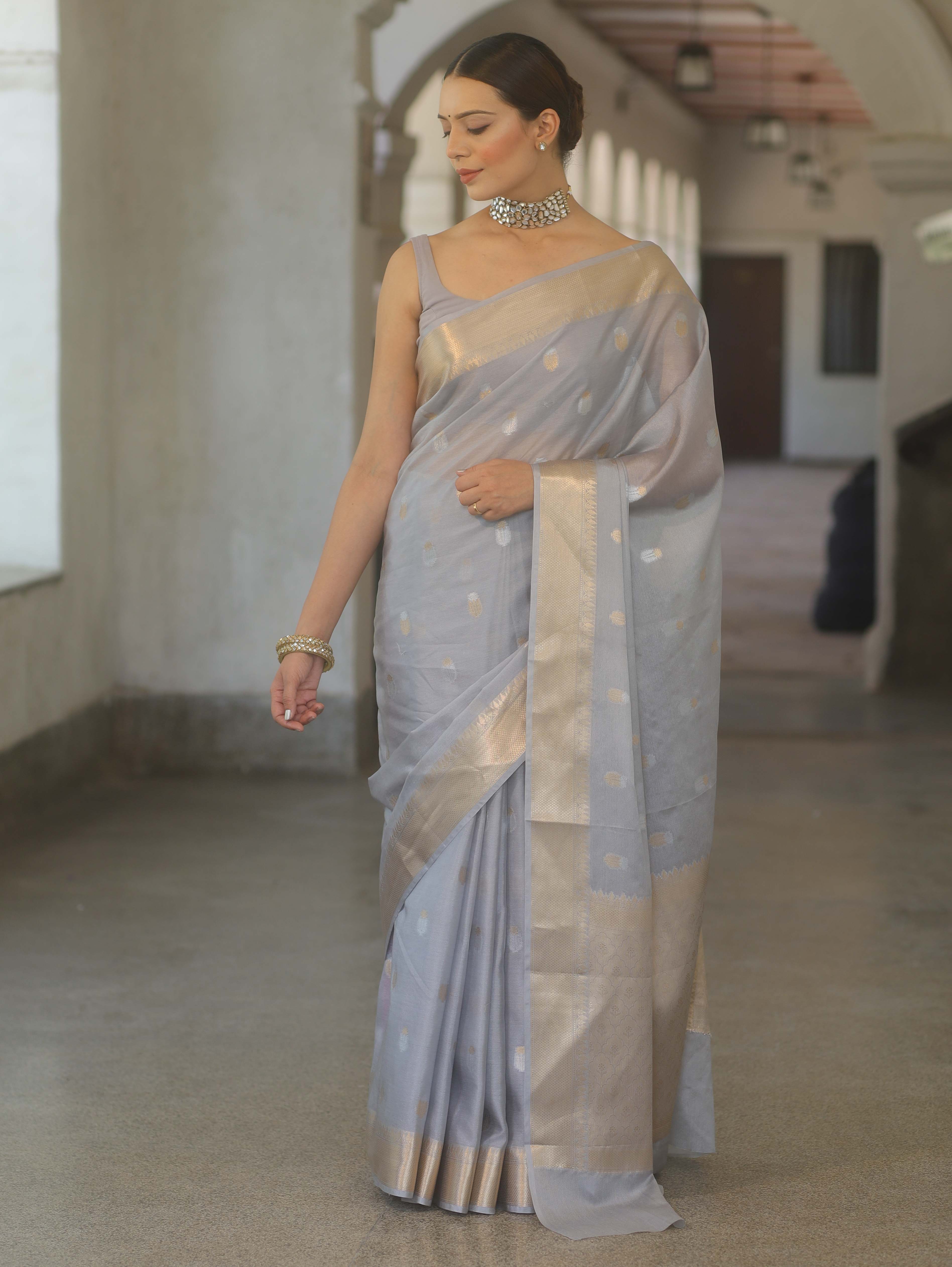 Banarasee Handwoven Semi Silk Saree With Zari Border-Grey