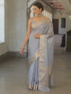 Banarasee Handwoven Semi Silk Saree With Zari Border-Grey