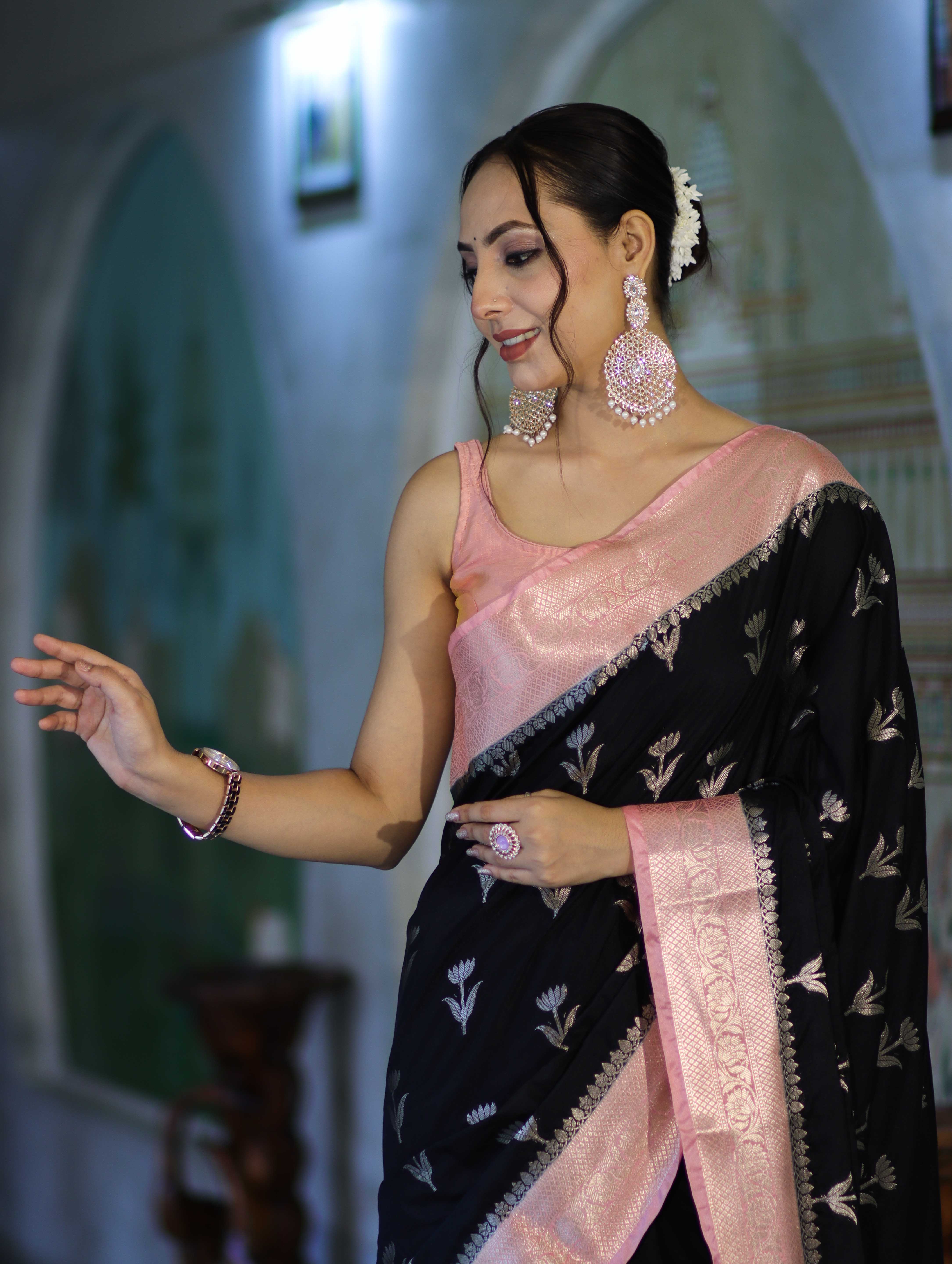 Banarasee Handloom Semi Silk With Zari Buta Work & Contrast Border-Black & Light Pink