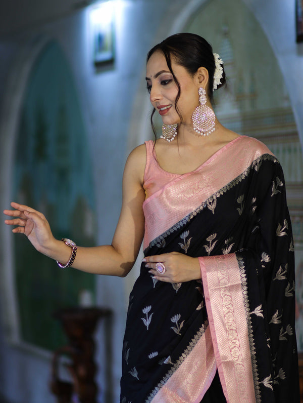 Banarasee Handloom Semi Silk With Zari Buta Work & Contrast Border-Black & Light Pink