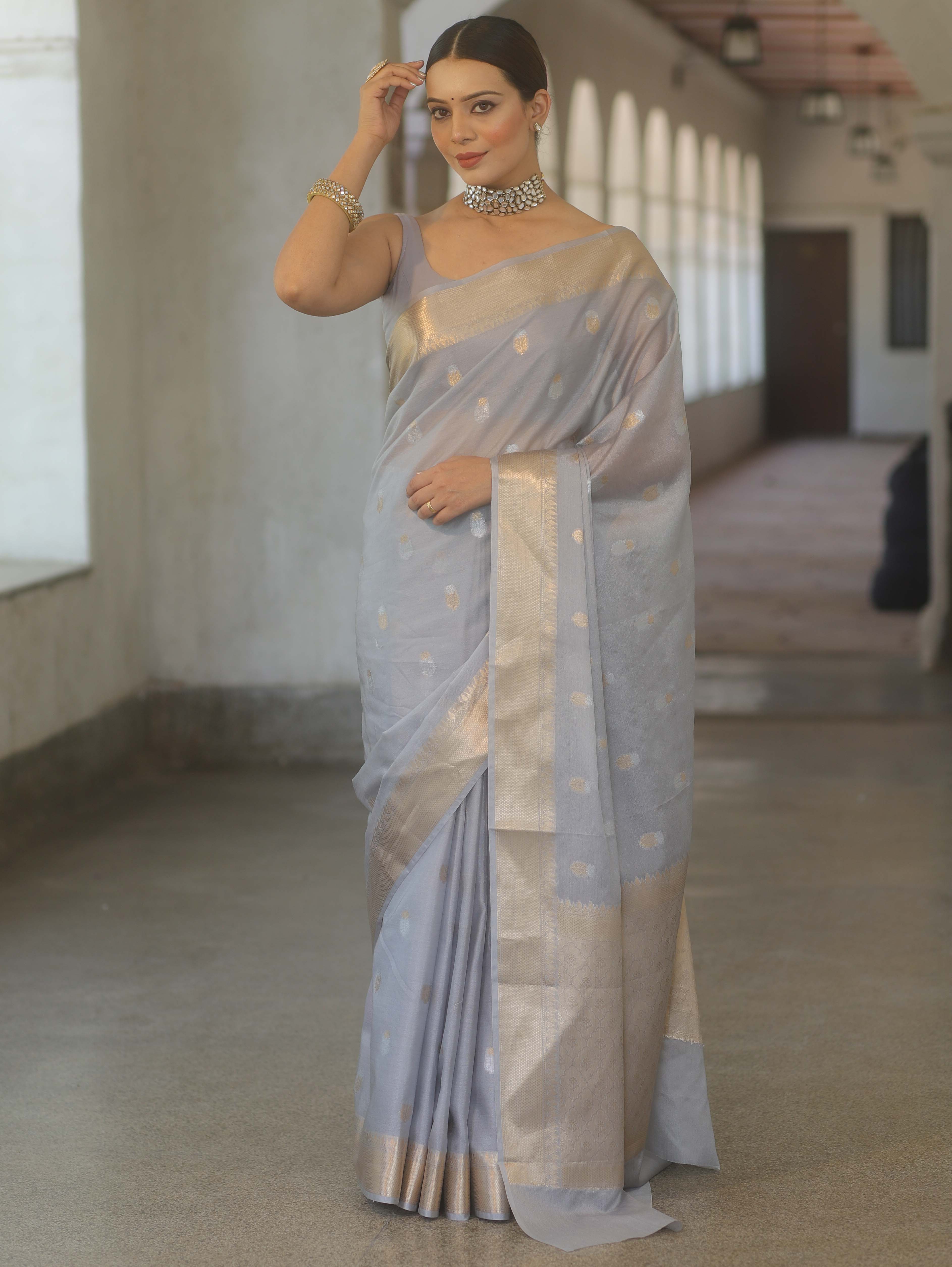 Banarasee Handwoven Semi Silk Saree With Zari Border-Grey